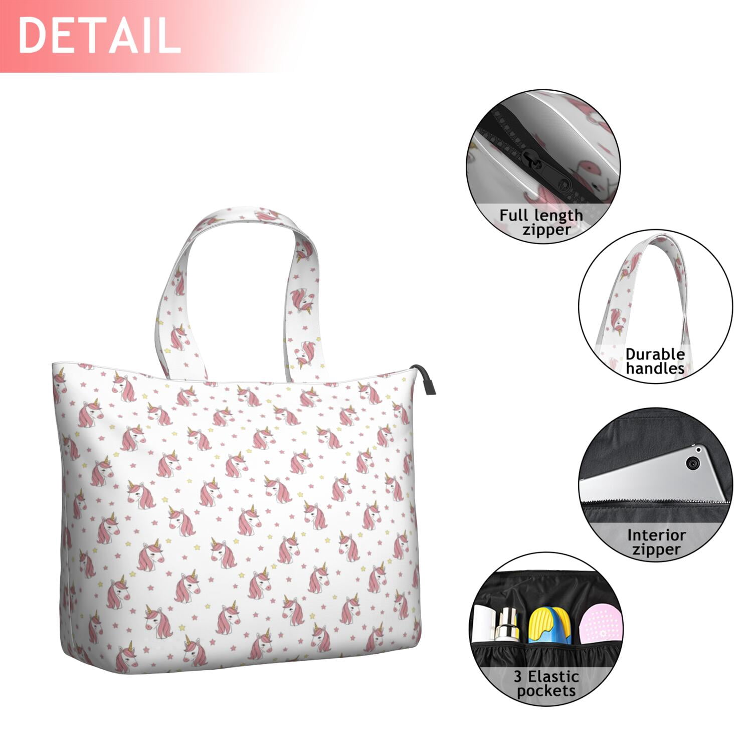 White Cartoon Unicorn Star Pattern Travel Tote Bags for Women Carry On,Large Weekender Bags for Women Travel,Multi Functional Duffle Bag for Work,Shopping,Sports