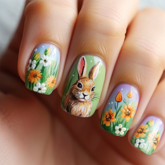 24pcs Short Square False Nails Featuring Easter Floral Designs Easy to Apply Press on Nails Full Covers Stick on Nails