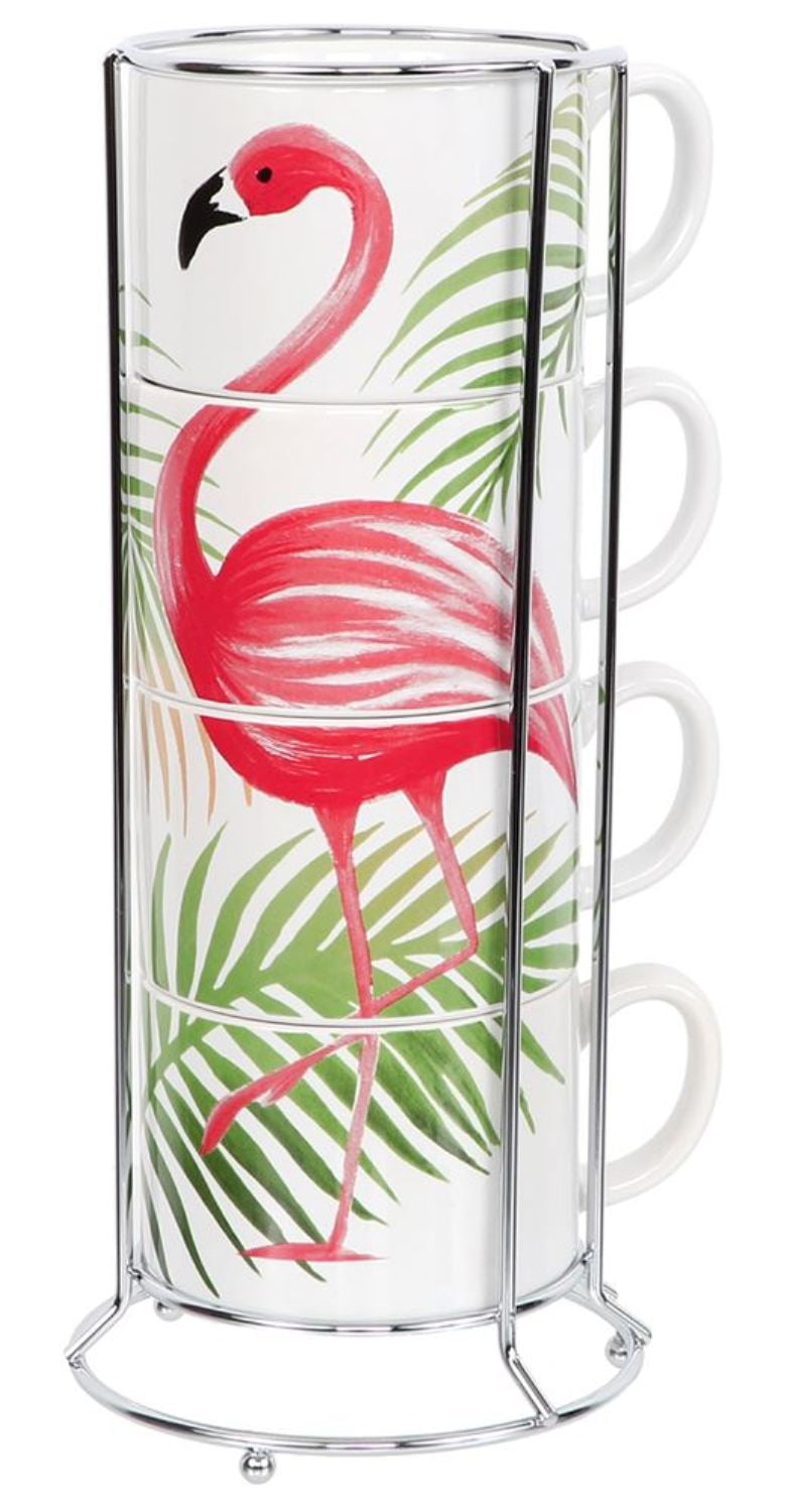 Pink Flamingo Stacking Mugs with Metal Storage Rack Set of 4
