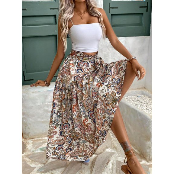 Bohemian Print Maxi Skirt Multicolor Flowing Wrap Style