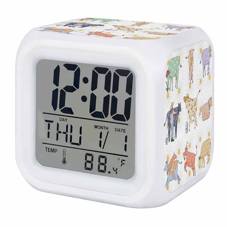 Alarm Clocks Cartoon Cow Digital Clock 7 Color LED Night Light Silent Non-Ticking Battery Operated Colorful Farm Animal Daisy Cube Clocks for Bedroom Bedside Living Room Office School Decor
