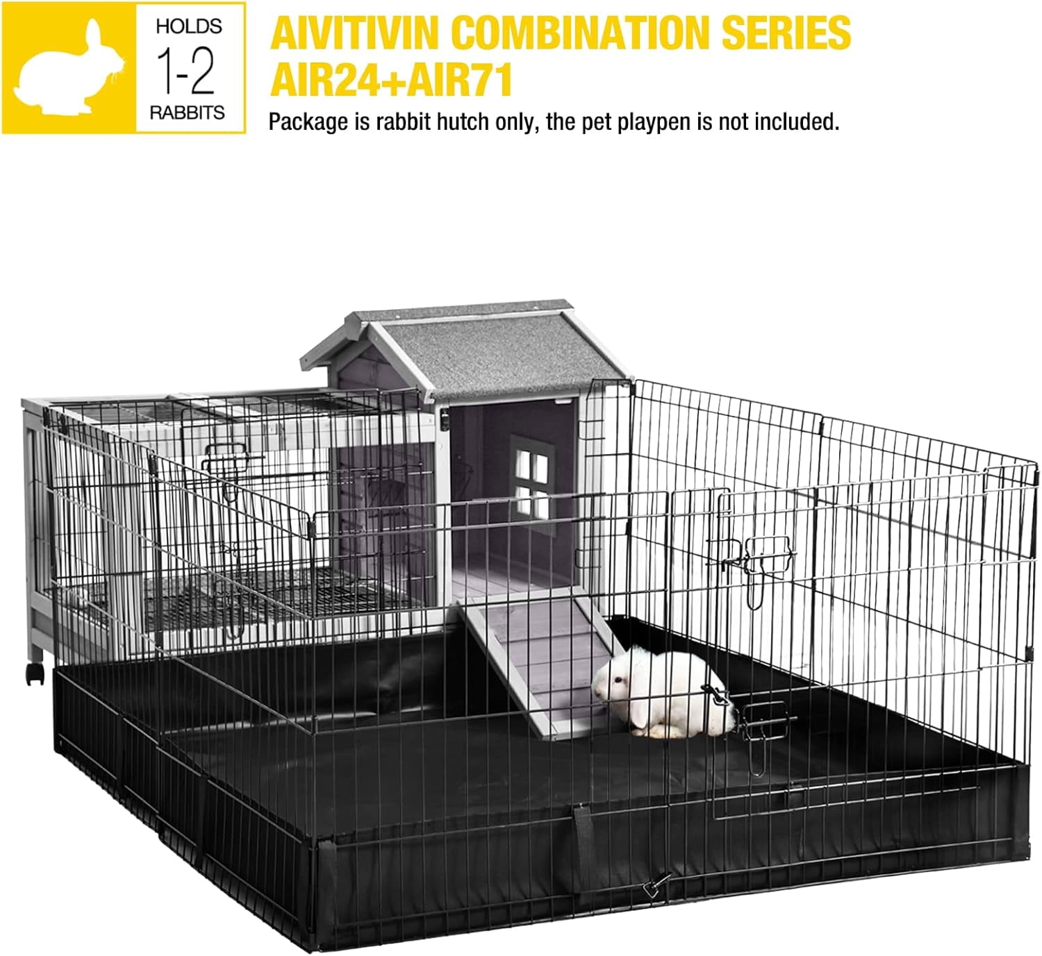 Aivituvin Rabbit Hutch Indoor Bunny Cage Outdoor Bunny House with Wire Floor Leakproof Plastic Tray Gray