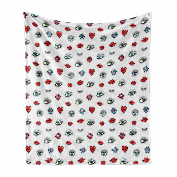 Emoticon Soft Flannel Fleece Throw Blanket, Beauty Illustration of Open Close Eyes in Hand Drawn Style with Hearts and Lips, Cozy Plush for Indoor and Outdoor Use, 60" x 80", Multicolor, by Ambesonne