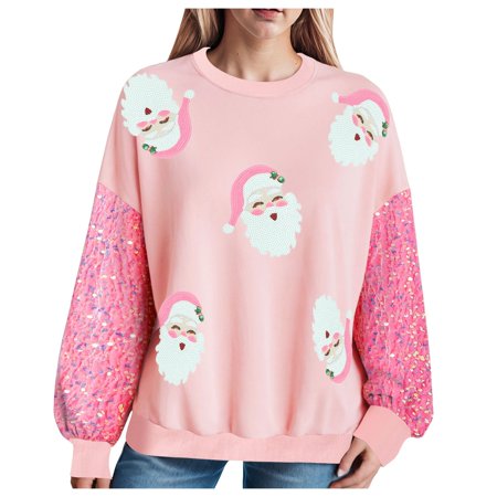 Sgkm Sweatshirts for Teen Girls Color Block Christmas Sweaters for Women Cropped Plus Size Tops Winter XXL Pink