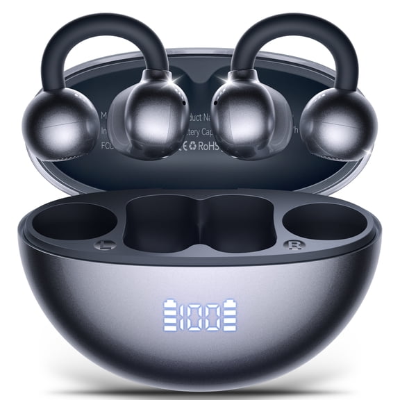 VEATOOL Clip On Earbuds,Bluetooth 5.4 Lightweight Comfort Bone Conduction Open Ear Headphones with LED Digital Display,Noise Cancelling Headphones, IPX7 Suitable for Small Ears and Eyeglass Wearers