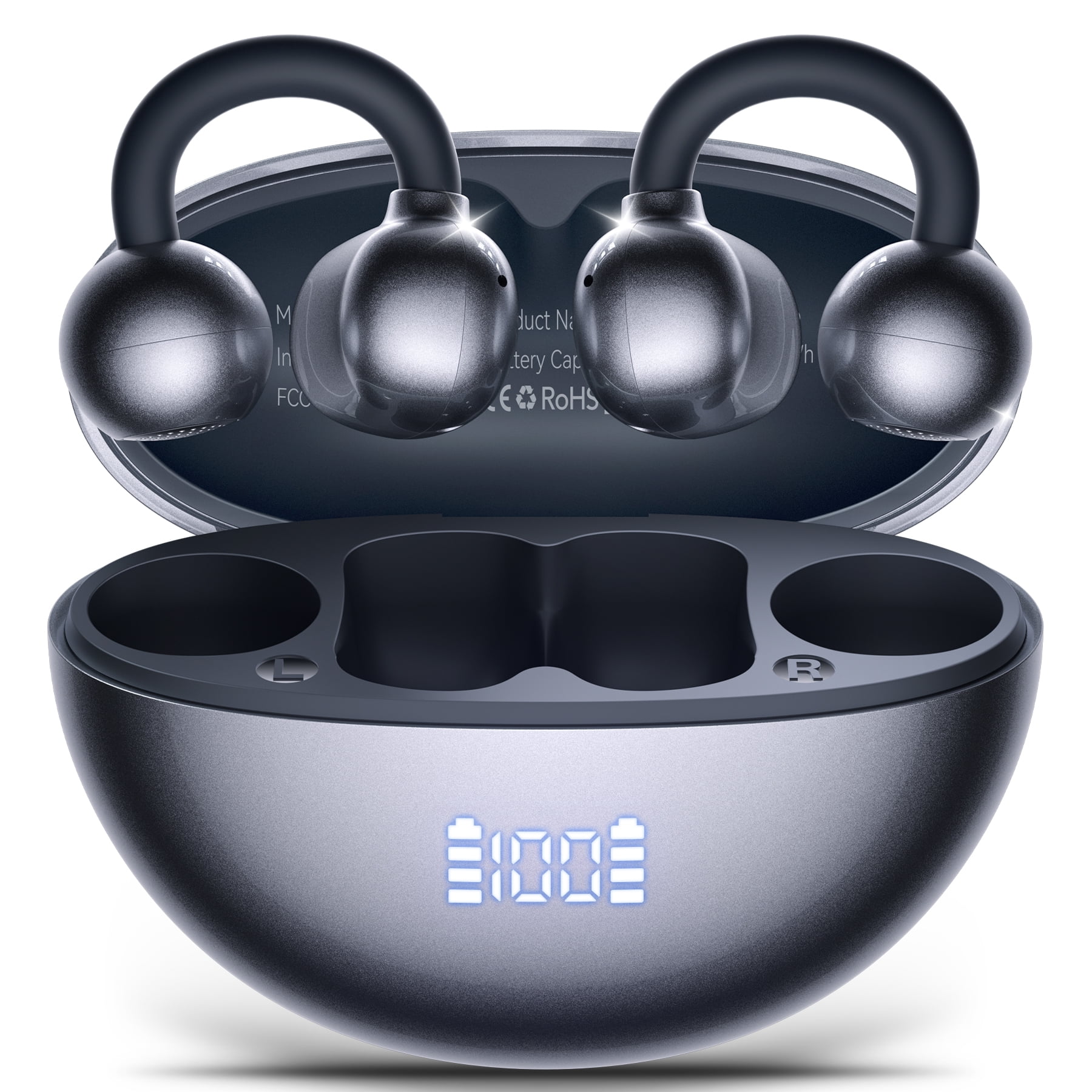 VEATOOL Clip On Earbuds,Bluetooth 5.4 Lightweight Comfort Bone Conduction Open Ear Headphones with LED Digital Display,Noise Cancelling Headphones, IPX7 Suitable for Small Ears and Eyeglass Wearers