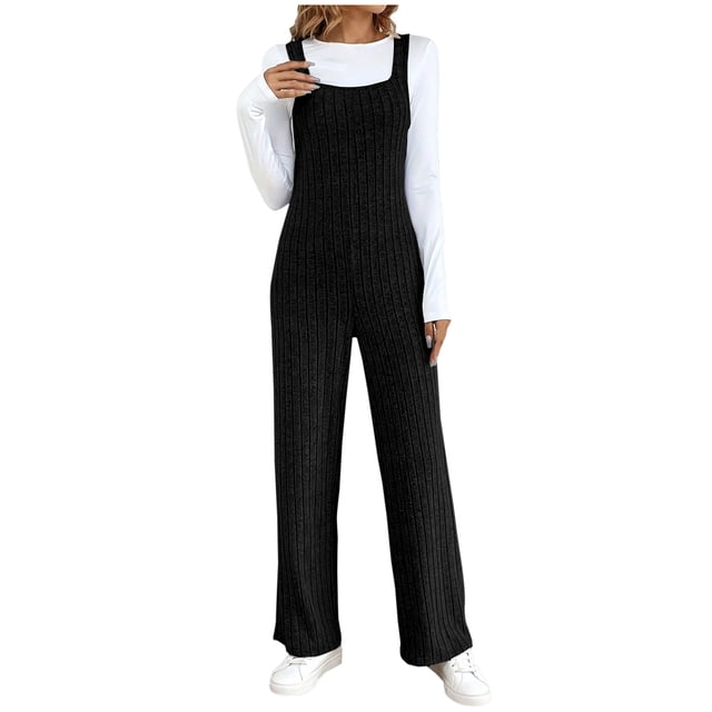 AherBiu Womens Ribbed Jumpsuits Sleeveless Square Neck Comfy Suspenders Slim Stretchy Rompers