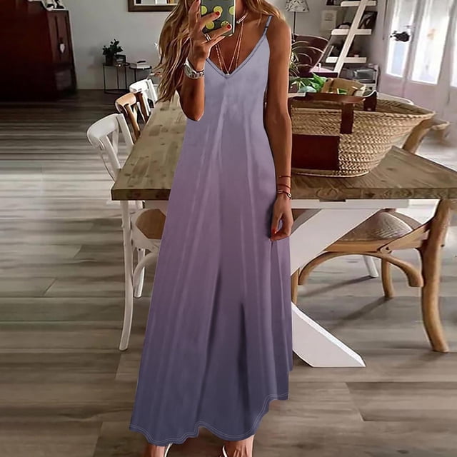 Ovzne Robes pour Femmes Robe de Plage Robes d'Été pour Femmes Robe Imprimée Sans Manches Col Rond Robe Décontractée Robes de Printemps Robe Imprimée Liquidation