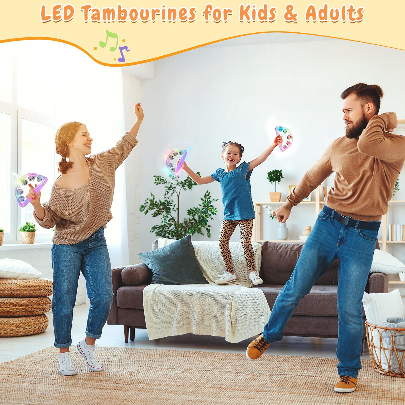 Led Tambourines 2 Pack - Light Up Toys Musical Instruments For Kids & Adults  Autism Sensory Products Birthday Gifts Boys Girls Glow In The Dark Party Supplies (4 Colors Random)