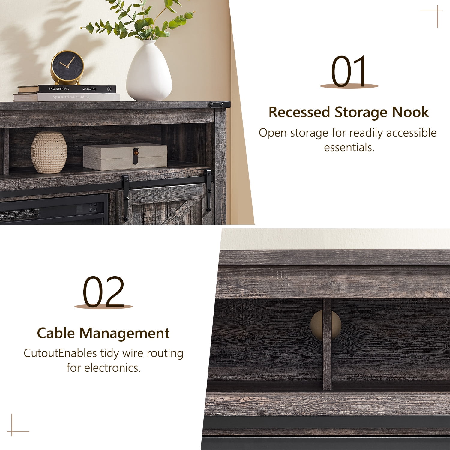 KeyWhat Farmhouse Fireplace TV Stand for TVs up to 70", 24" Electric Fireplace & Barn Door