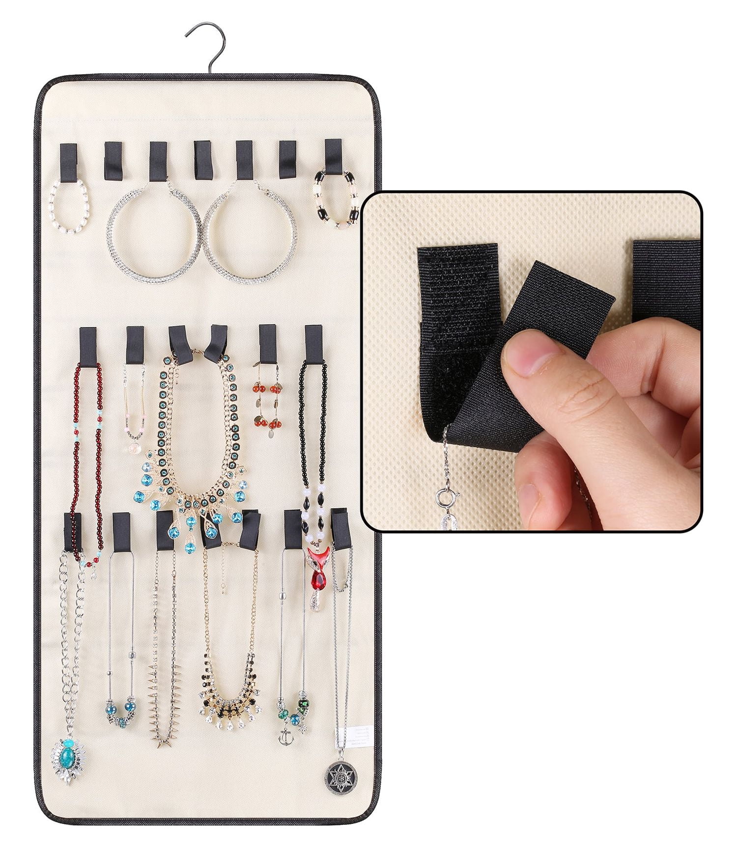 MISSLO Zippered Jewelry Organizer Hanging For Travel Home Storage 30  Zippered Pockets 17 Loops, Beige - Zen Merchandiser