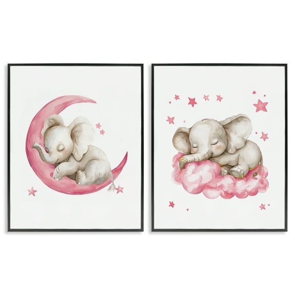 Stupell Industries Pink Sleepy Elephant Animals Painting Black Framed Art Print Wall Art, 11 x 14, Set of 2