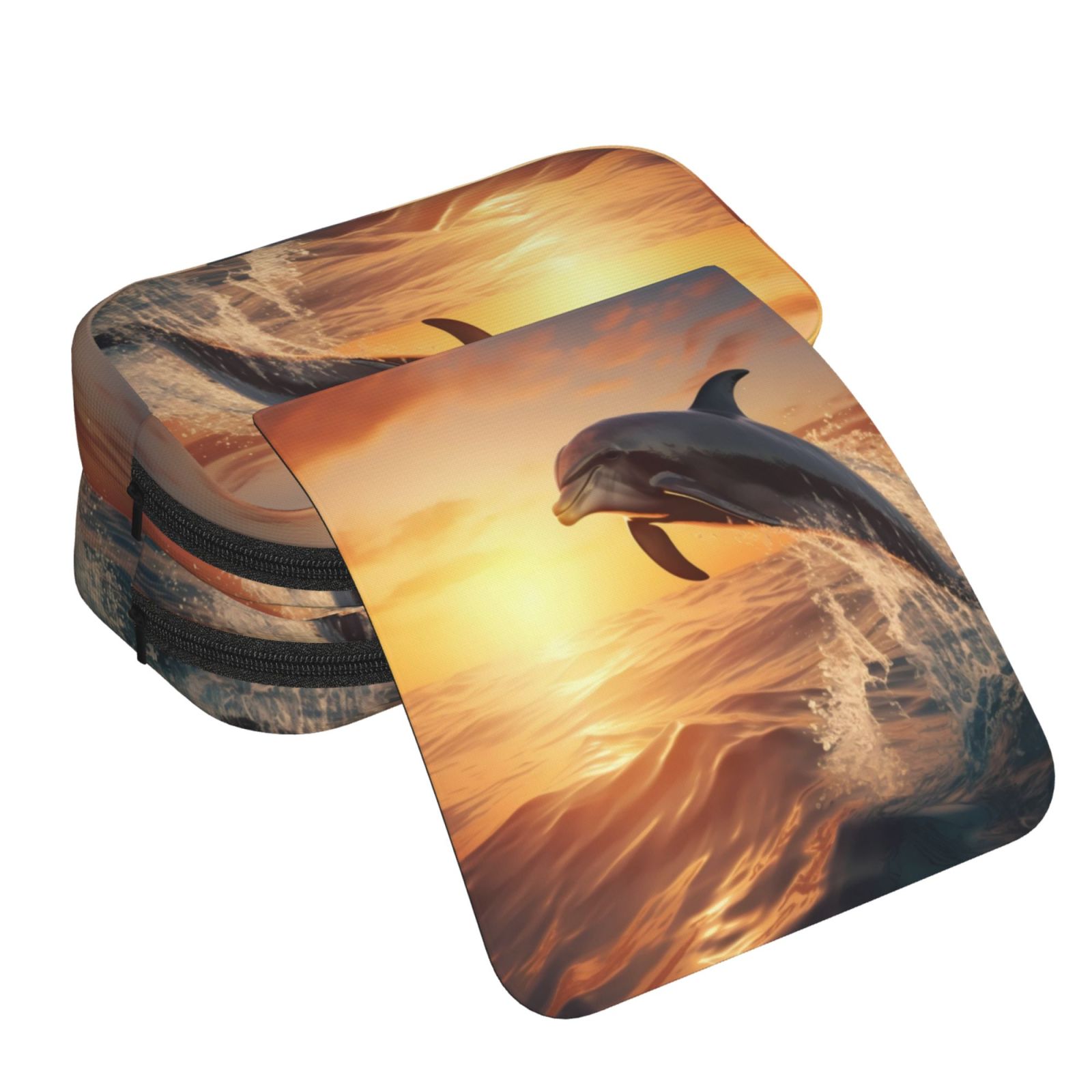 Rateoe Sunset Dancing Dolphin A Pattern Double Clamshell Pen Case, Storage Organizer with Two Zipper Compartments– Holds Up to 50 Pencils & Pens