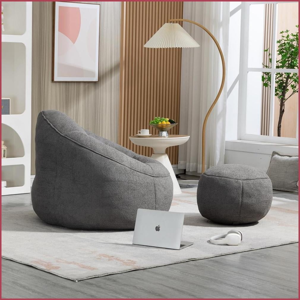 Adult Bean Bag Chair with Footrest – Soft Compressed Foam for Living Room & Bedroom | Gray | Microfiber