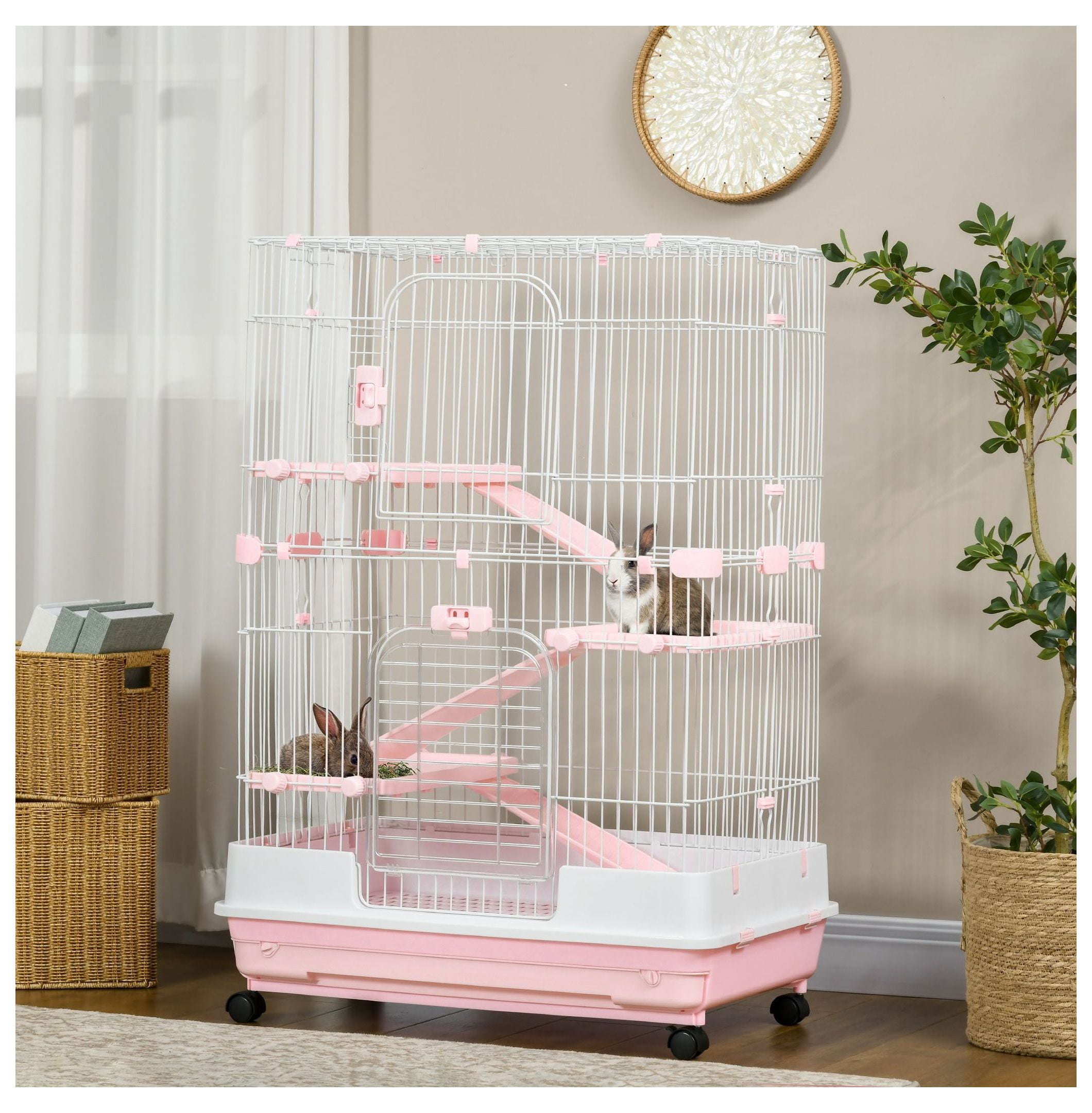 32L 4-Level Small Animal Cage, Rabbit Hutch with Wheels & Tray, Pink - Bunny, Chinchilla, Ferret Habitat