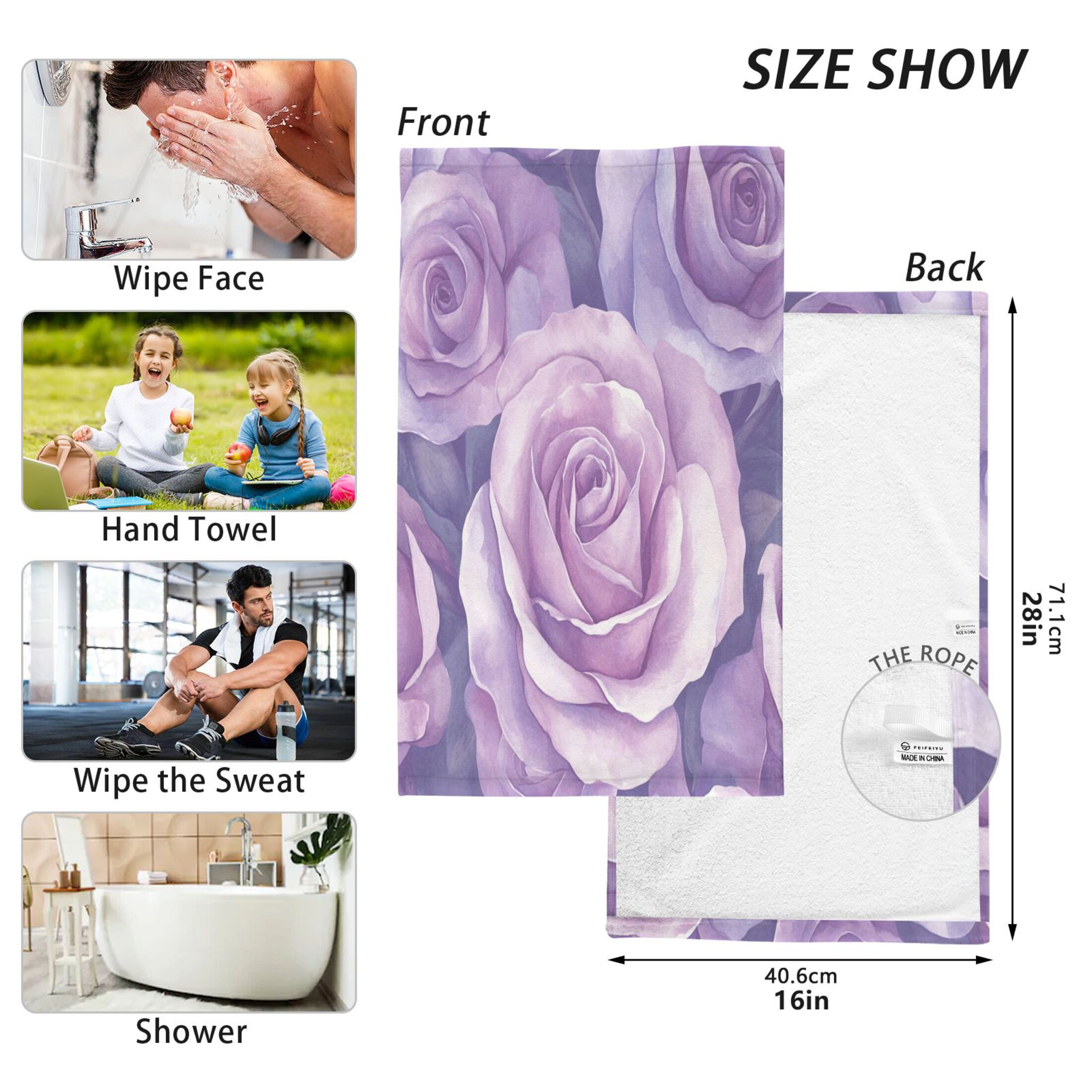Cotton Towel Two-Piece 16x28 Inch One Sizex2 Face Towel Set Towel Set Cotton Hand Bath Towel Bathroom Beach Lavender Roses