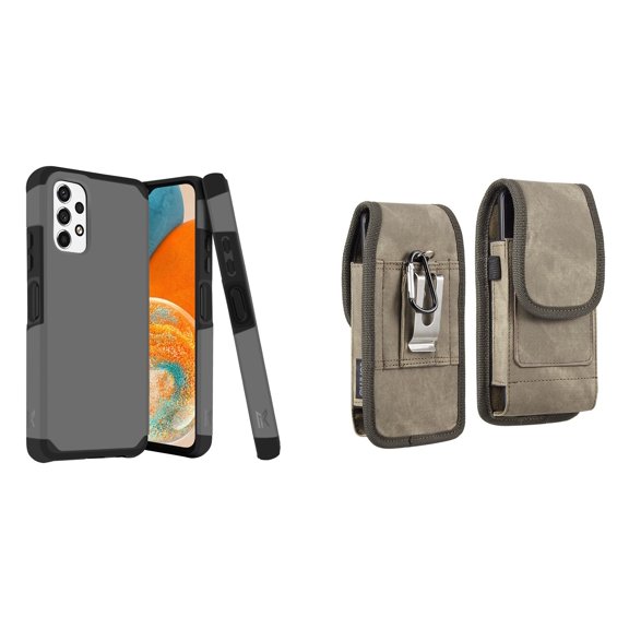MK Armor Case for Samsung Galaxy A23 5G and Belt Holster Pouch (Gray/Brown)