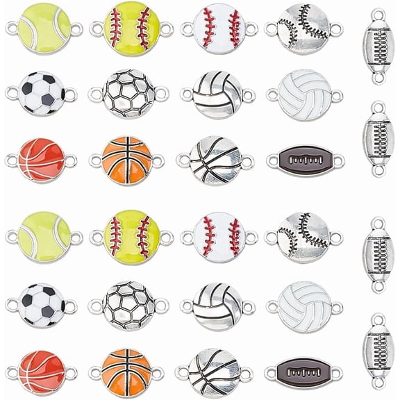 52Pcs 13 Styles Sports Connector Charm Bulk Alloy Enamel Sports Charms Basketball Volleyball Football Baseball Soccer Tennis Charms Ball Pendant with Double Hole for Jewelry Making