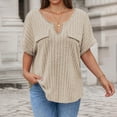 thumbnail image 2 of Plus Size Short Sleeve Tops Women Loose Fit Soft Ribbed Knit Casual V Neck Tunic T-shirts with Faux Pocket (XL, Khaki), 2 of 6