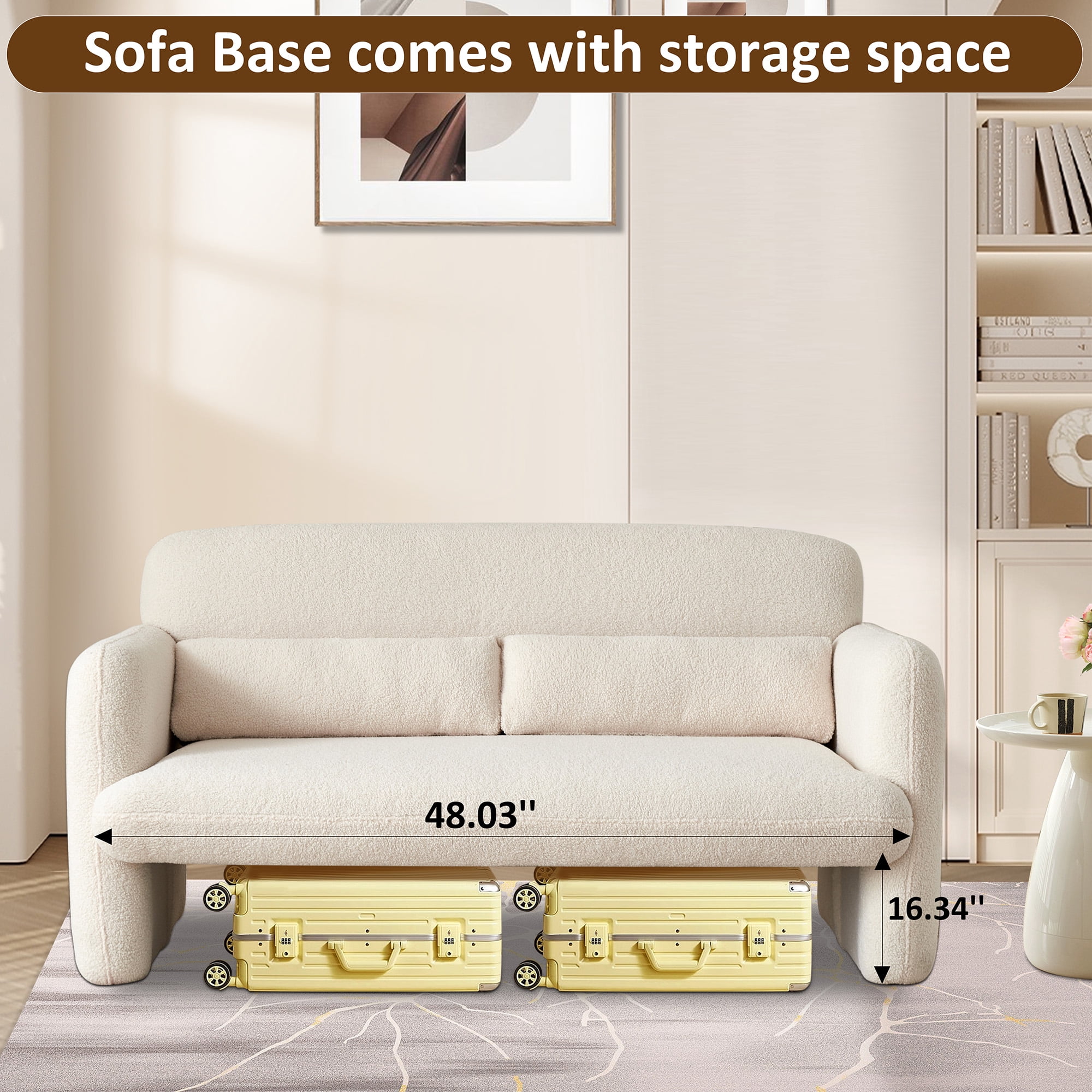 Youdao 59" Small Loveseat Sofa, Modern Sherpa Mini Sofa Couch, Lambswool 2-Seater Fluffy Love Seat, Teddy Fabric Upholstered Compact sofa with 2 Throw Pillows for Apartment Office Small Space, Beige