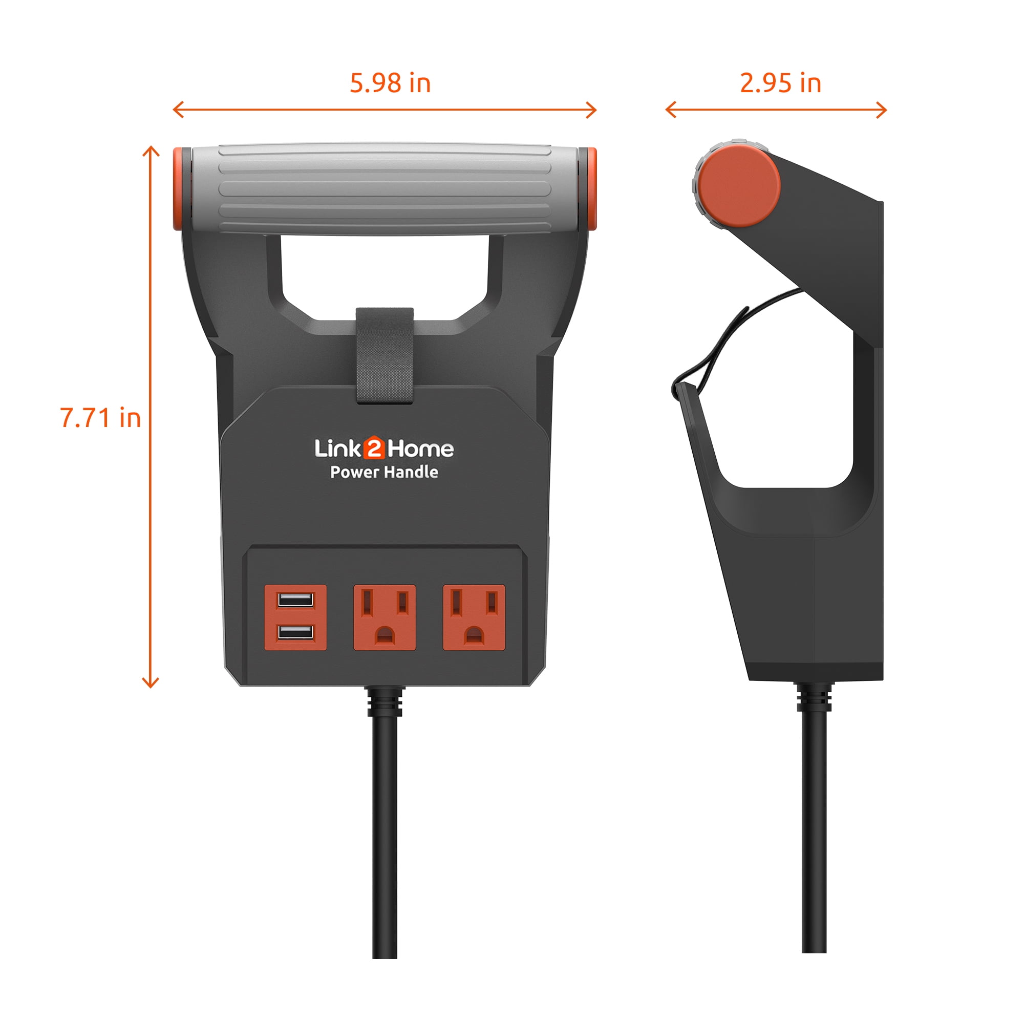 Link2Home Power Handle Extension Cord, 20 ft . 14AWG, 2 Outlets 15A
