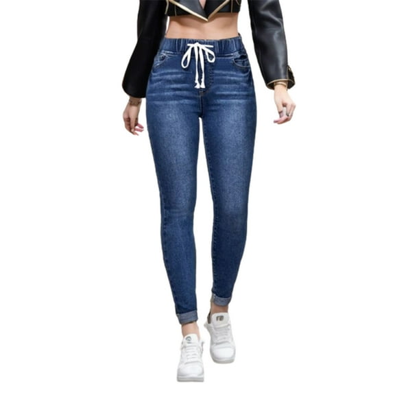 Cmfcve Fall Jeans for Women Drawstring Elastic Waist Skinny Jeans Stretch Slim Fit Denim Pants with Pockets