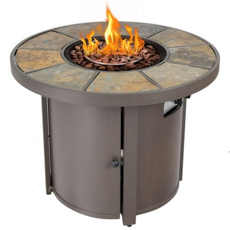 Pit Base - GHP Iron & Natural Slate Steel Base Electronic Igniter 50,000-BTUs Heat Fire Pit Table