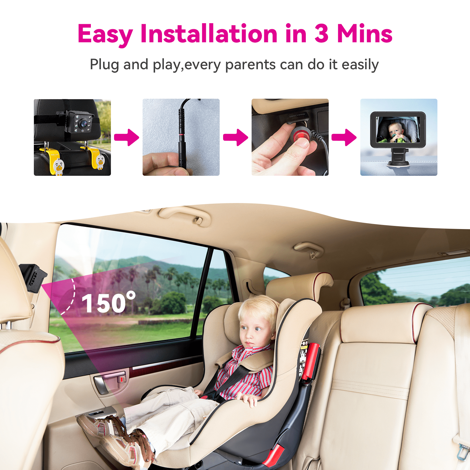 MHCABSR 1080P Baby Car Camera with 5” HD Monitor, IR Night Vision, 150° Wide Angle, Easy Installation
