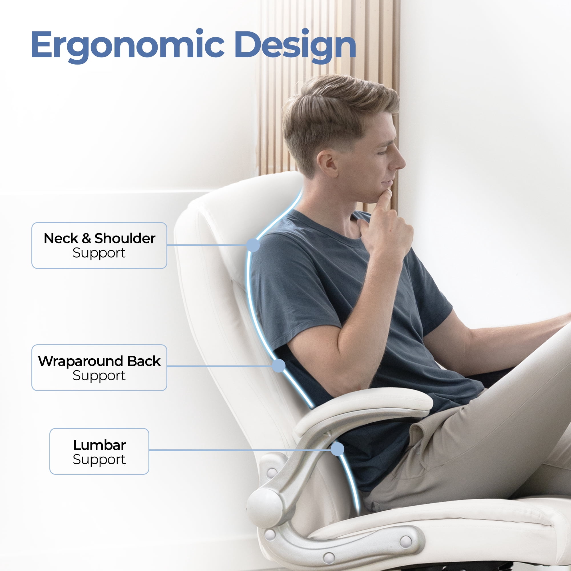 CELTOSS Executive Office Chair with Ergonomic White Leather Back Support and Flip-Up Armrests, Heavy Duty Cushioned Desk Chair, White