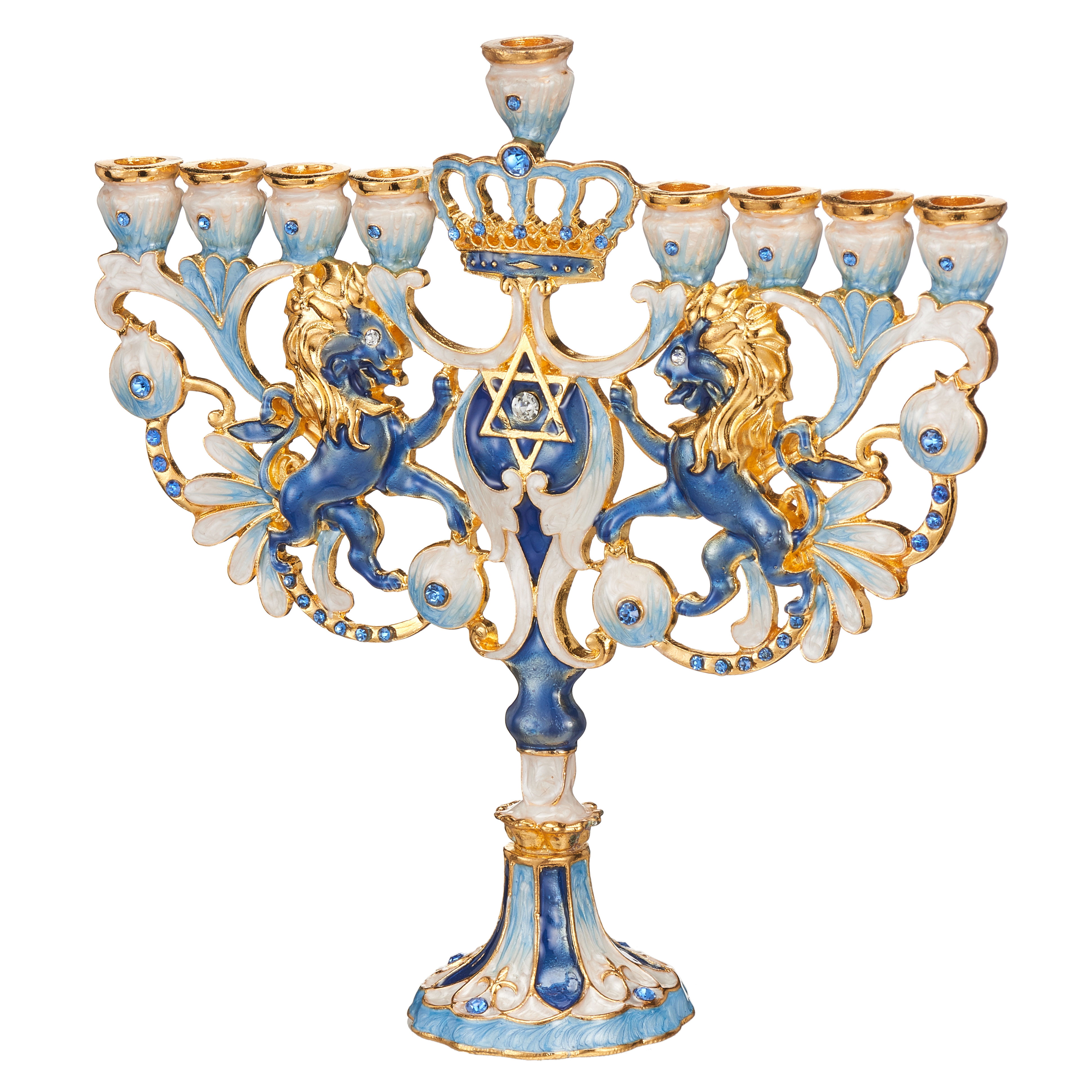 Embellished with Gold Accents and Crystals Jewish Candle Holder Hanukkah Gift for Housewarming Showpiece for Living Room Matashi Hand Painted Blue and Ivory Regal Lion Menorah Candelabra 