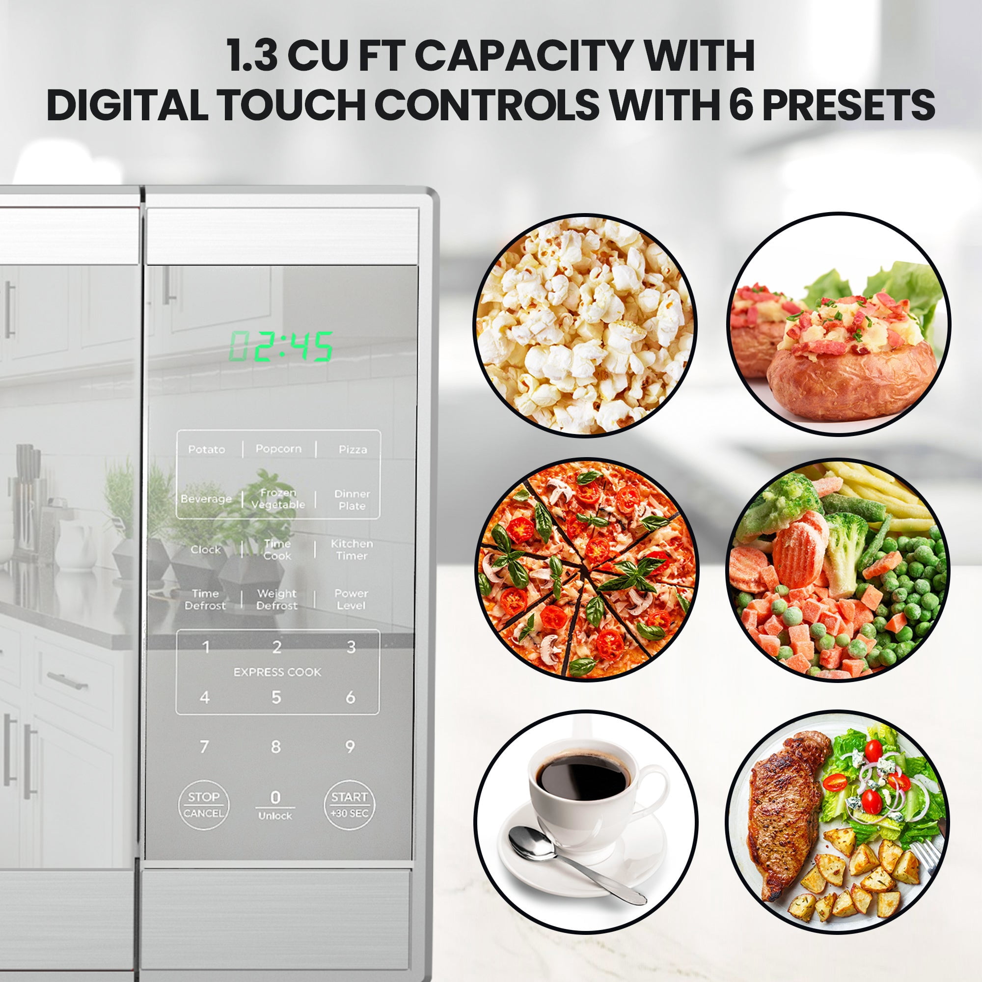 Total Chef Compact Countertop Microwave Oven, 1.3 Cu Ft. 1100W, 10 Power Levels, 6 Auto Cook Pre-Sets, Express Cook, Digital Touchscreen Controls, Child Lock, Timer, Mirrored Finish, Stainless Steel