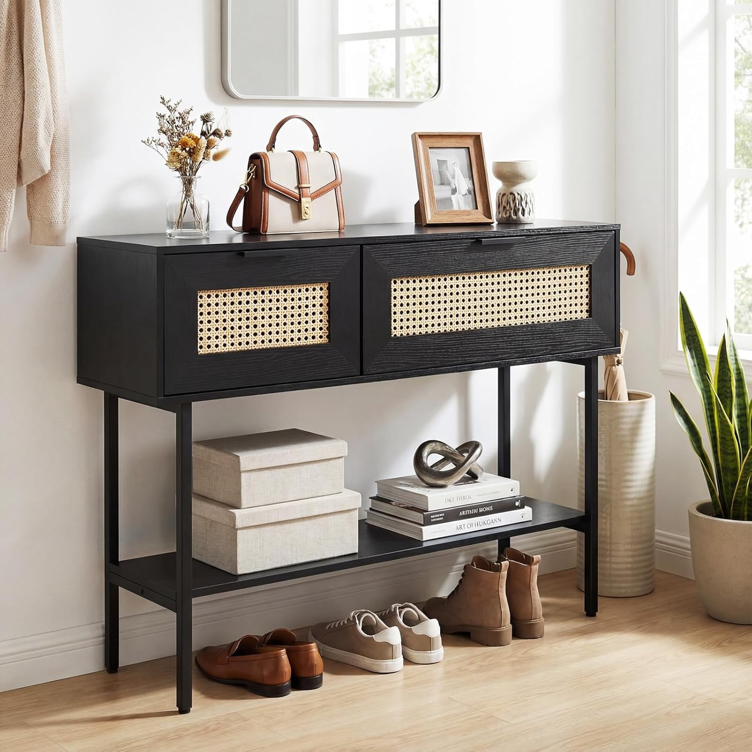 WBTER 40” Rattan Console Table, Narrow Long Entryway Table with Storage Shelf, 2 Flip Door Cabinets, Metal Frame, Boho, Farmhouse Behind Couch Sofa Tables for Living Room, Hallway (Black)