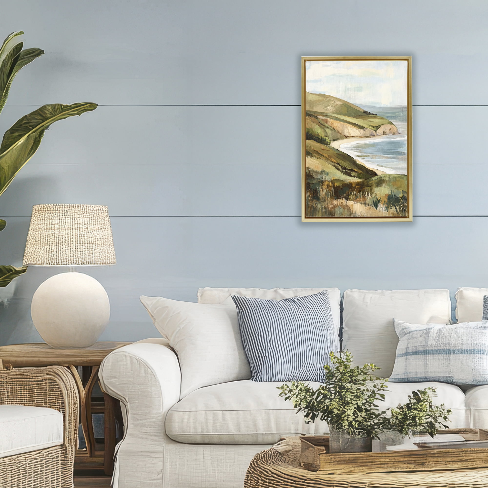 Stupell Industries Painted Cliffside By The Sea Gold Framed Floater Canvas Wall Art, design by Petal Prints Design