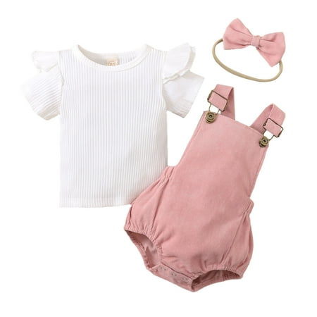 

Toddler Girls Ruffles Short Sleeve Solid Ribbed T Shirt Tops Suspenders Shorts Headbands Outfits