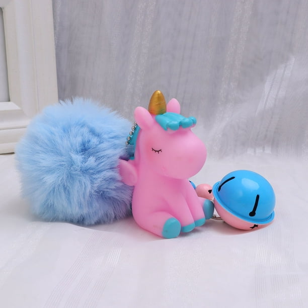 Unicorn Keychain Female Bag Animal Hair Ball Pendant Fashion Cartoon Party  Small Gift Car Decoration(Sky-blue and Pink) 