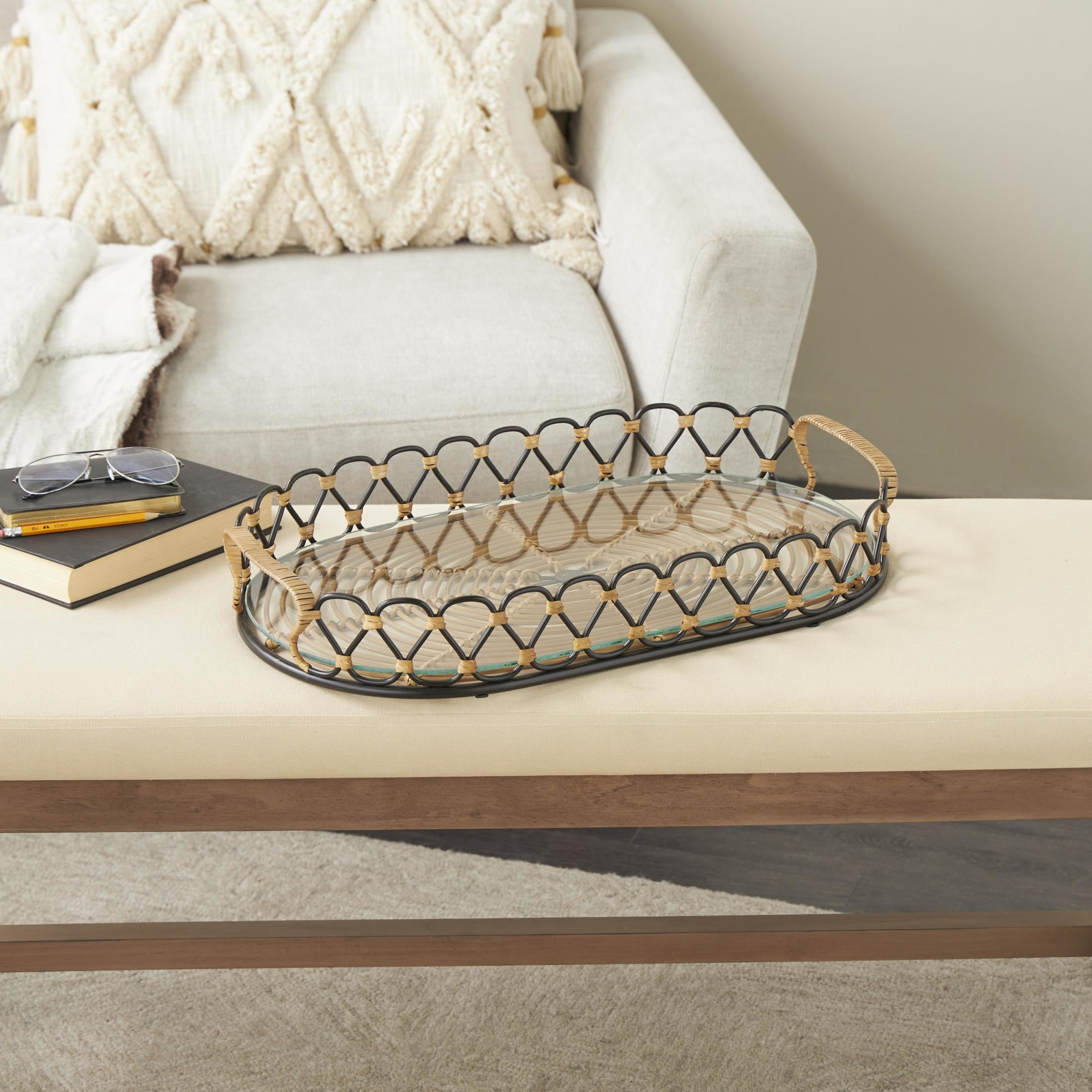 DecMode 22" x 12" Black Metal Circular Woven Tray with Glass Base, 1-Piece