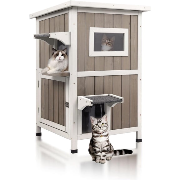 Petsblublu Outdoor Cat House Weatherproof, Two Story Wooden Feral Cat Shelter with 2 Escape Door