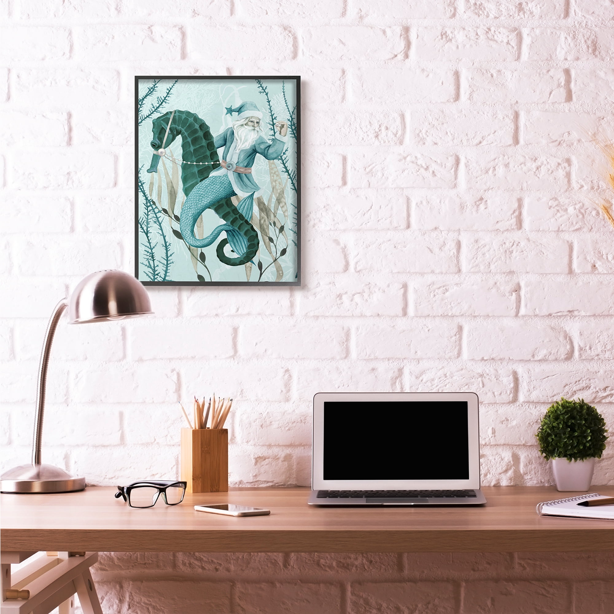 Stupell Indtries Sea Santa Ocean Holiday Christmas Blue Green Design Framed Wall Art by Grace Popp, 24" x 30", Black Framed