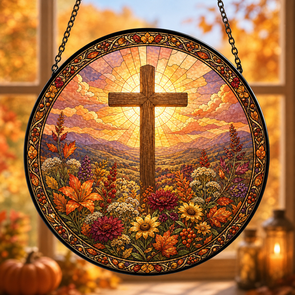 Fall Wildflower Cross Stained Glass Suncatcher for Window Hanging, Christian Gift