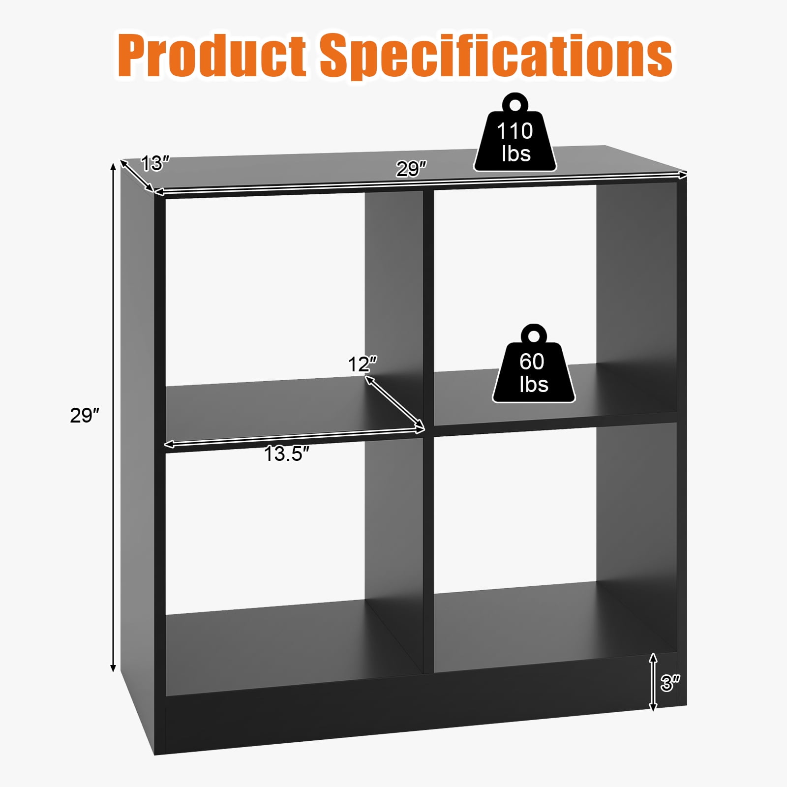 Giantex 4-Cube Bookcase, Freestanding Open Bookshelf, Storage Wooden Display Shelf, Black
