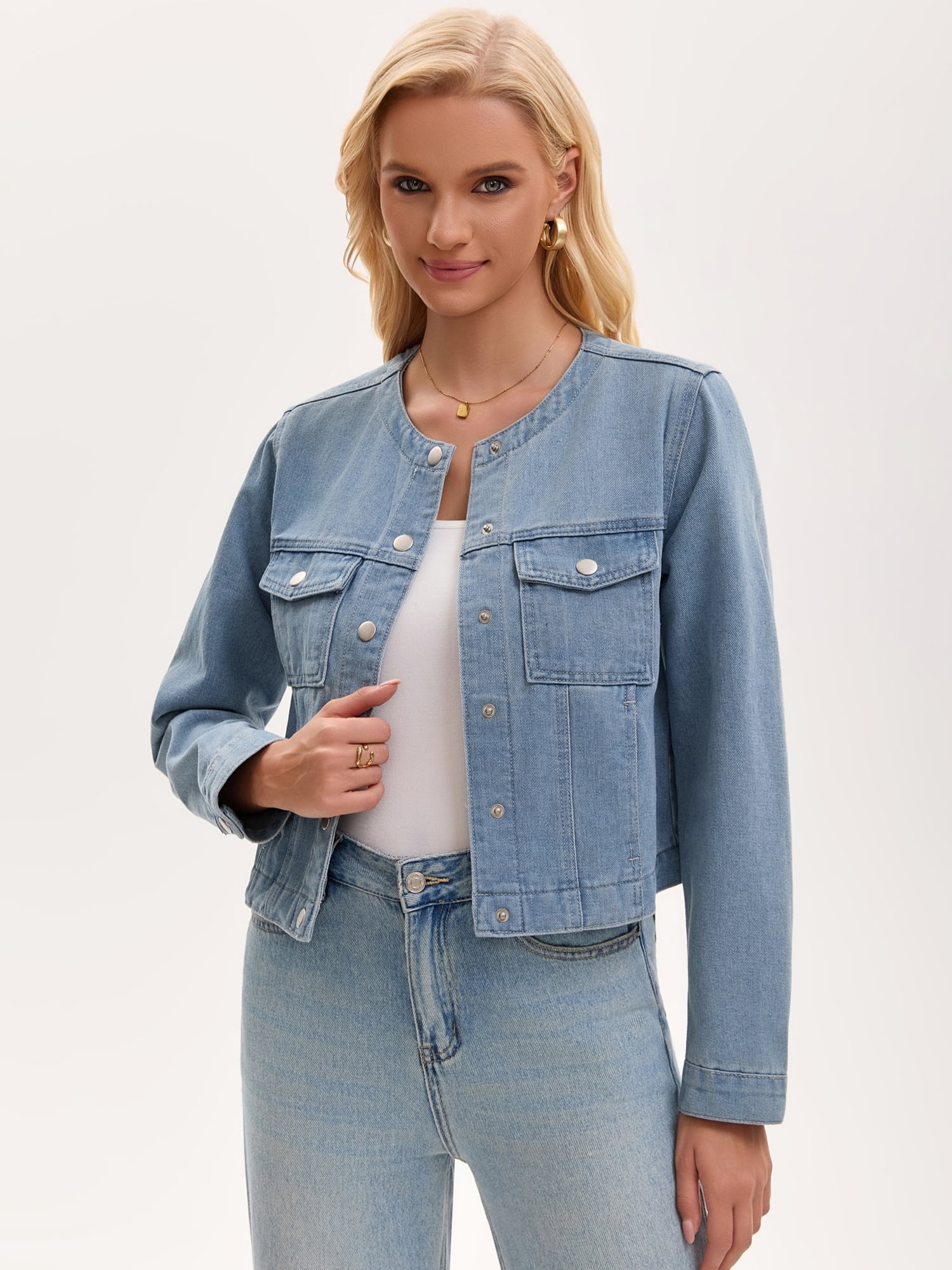 DARING DIVA Women's Collarless Long Sleeve Button Down Casual Denim Jacket S Light Blue