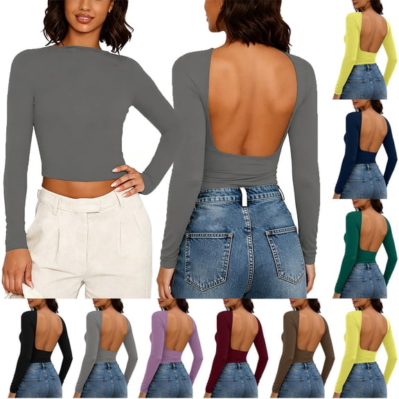 Asxite Plus Size Womens Summer Tops Solid Reversible Open Back Yoga Long Sleeve Relaxed Trendy Casual Tees
