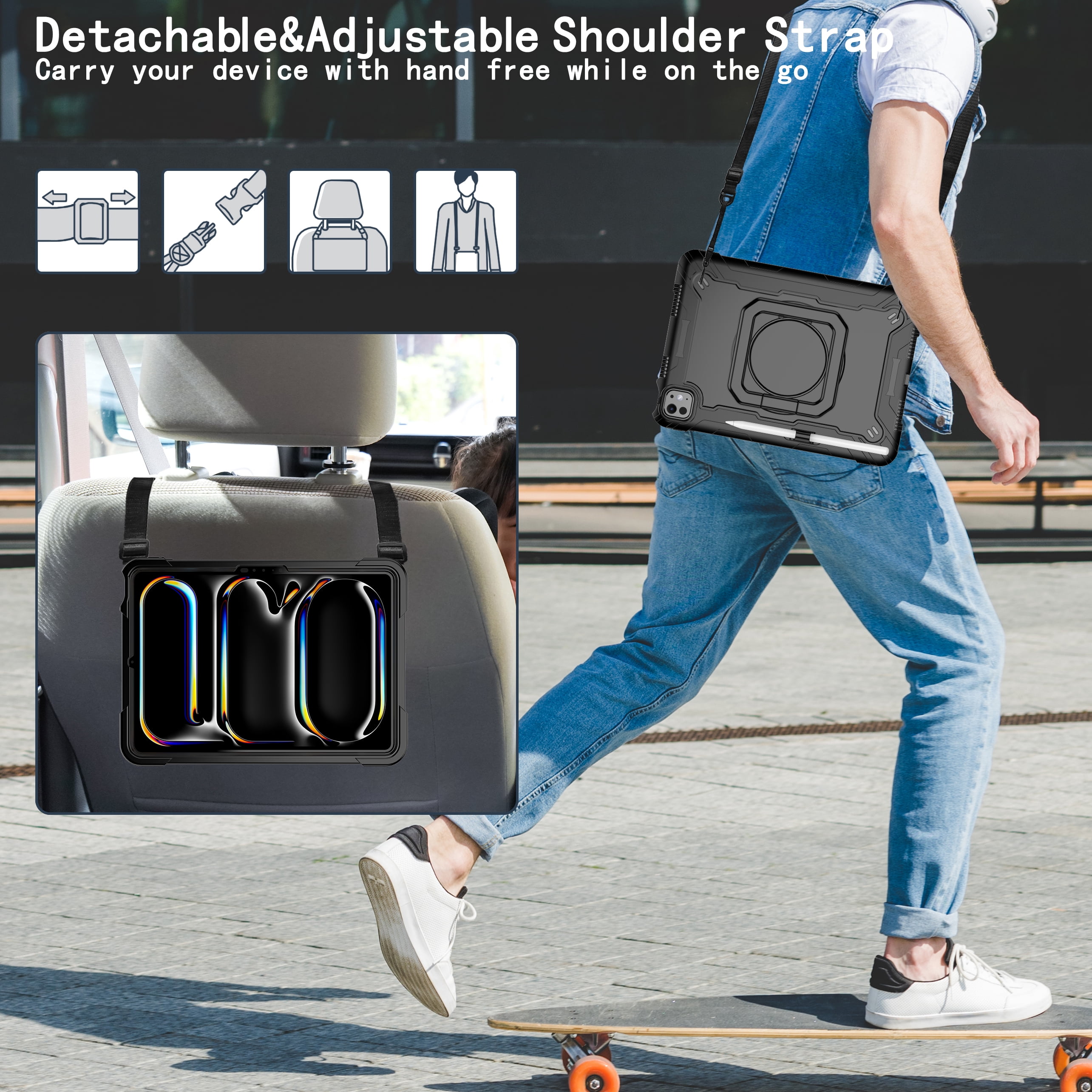 Allytechgroup Shockproof Case for Apple iPad Pro 11 Inch 2024 M4, with Shoulder Strap Pencil Holder Rotating Stand Handle Kids Friendly Heavy Duty Protection Cover for iPad Pro 11" 2024,Black
