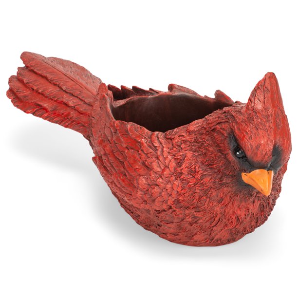 Sculpted Cardinal Crimson Red 14 Inches Resin Indoor or Outdoor Planter