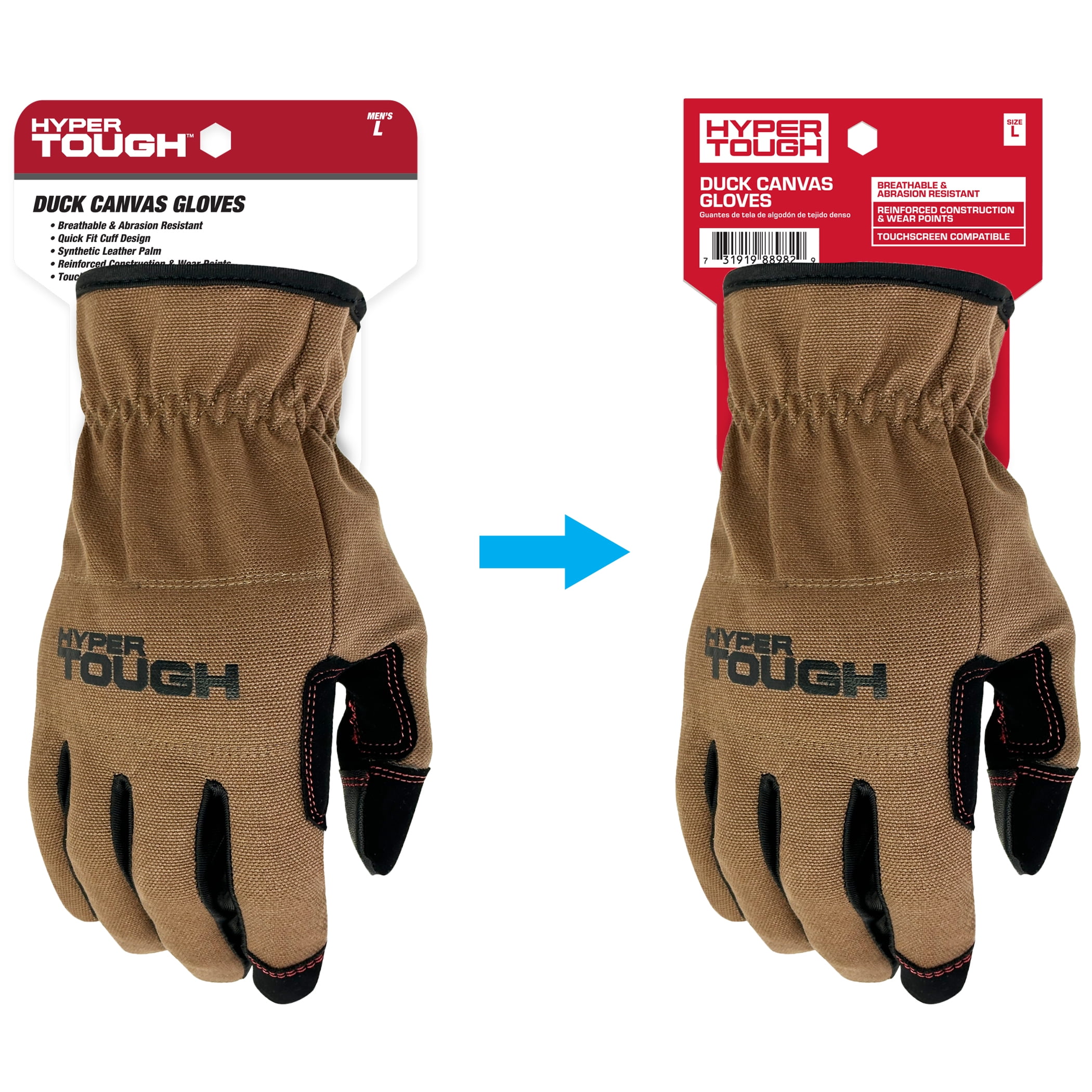 (2 pack) Hyper Tough Duck Canvas, Utility Work Gloves, Brown, Men's Large