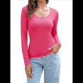 thumbnail image 1 of Camiseta de Cuello en U para Mujer, Camiseta de Larga de Color Liso, Suave, Elástica, Ropa Informal, Básica Rosa Roja M, 1 of 9