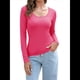 thumbnail image 1 of Camiseta de Cuello en U para Mujer, Camiseta de Larga de Color Liso, Suave, Elástica, Ropa Informal, Básica Rosa Roja L, 1 of 9