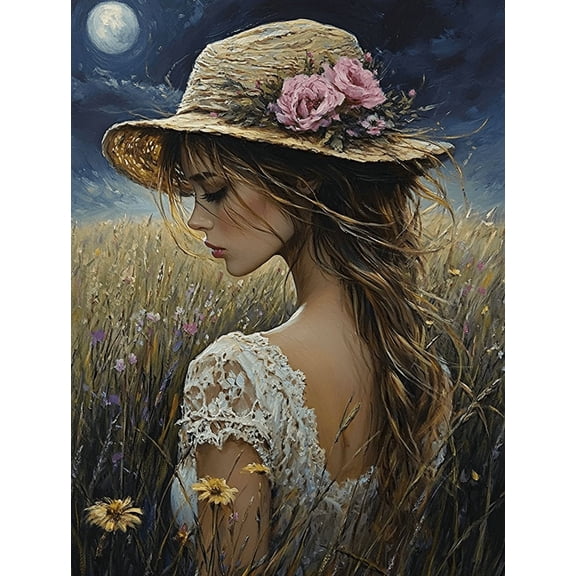 UXIEQU 12x16 Inch Moonlit Meadow Lady Canvas Wall Art Romantic Nature Decor