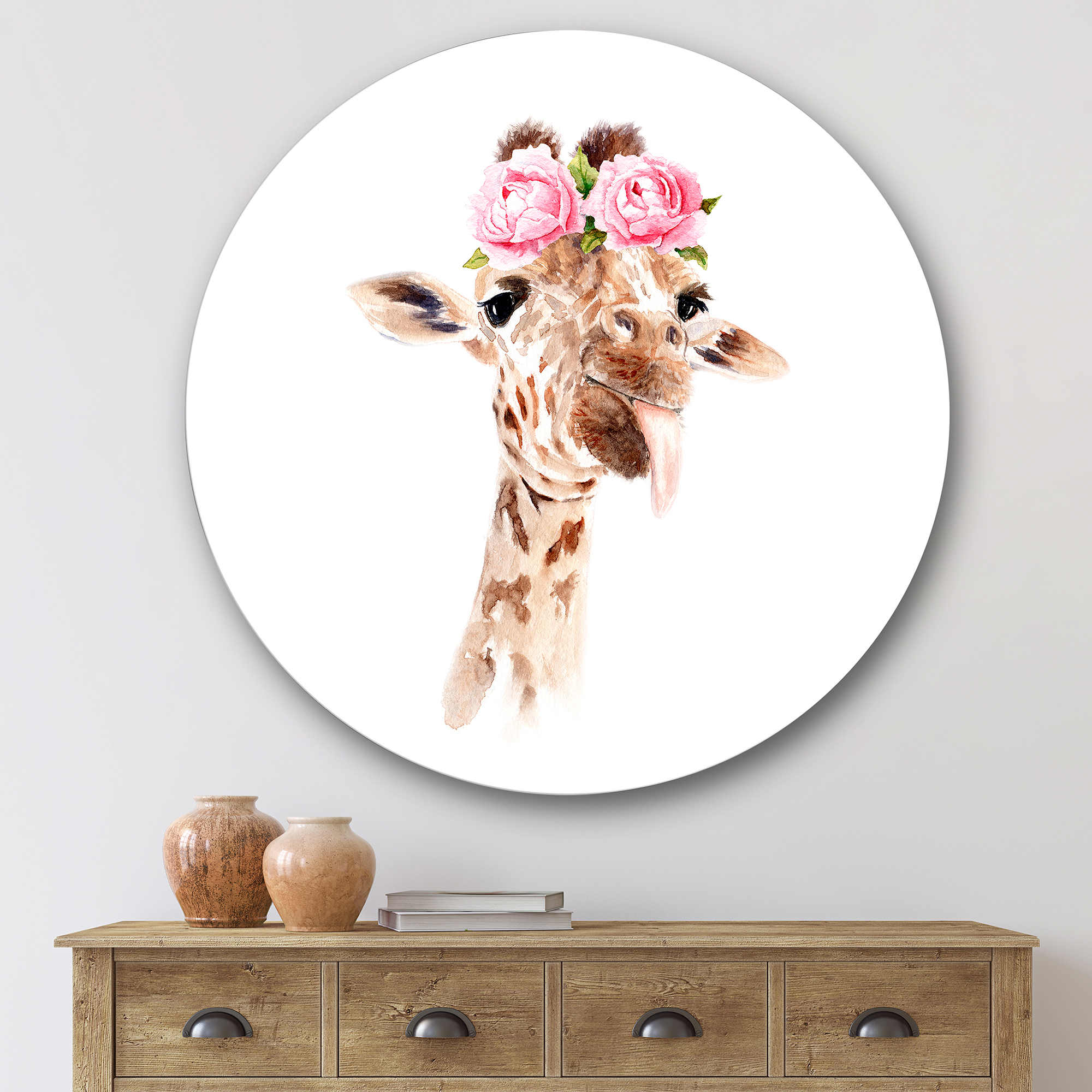 Designart 'Portrait of A Giraffe With Pink Flowers' Farmhouse Circle Metal Wall Art 29x29 - Disc of 29