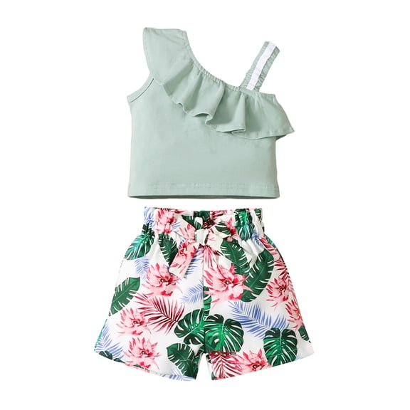 2T Baby Girls Clothes 3T Girls Summer 2PCS Outfits Set Solid Color One-shoulder Toddler Girls Sleeveless Top Shorts Set Green